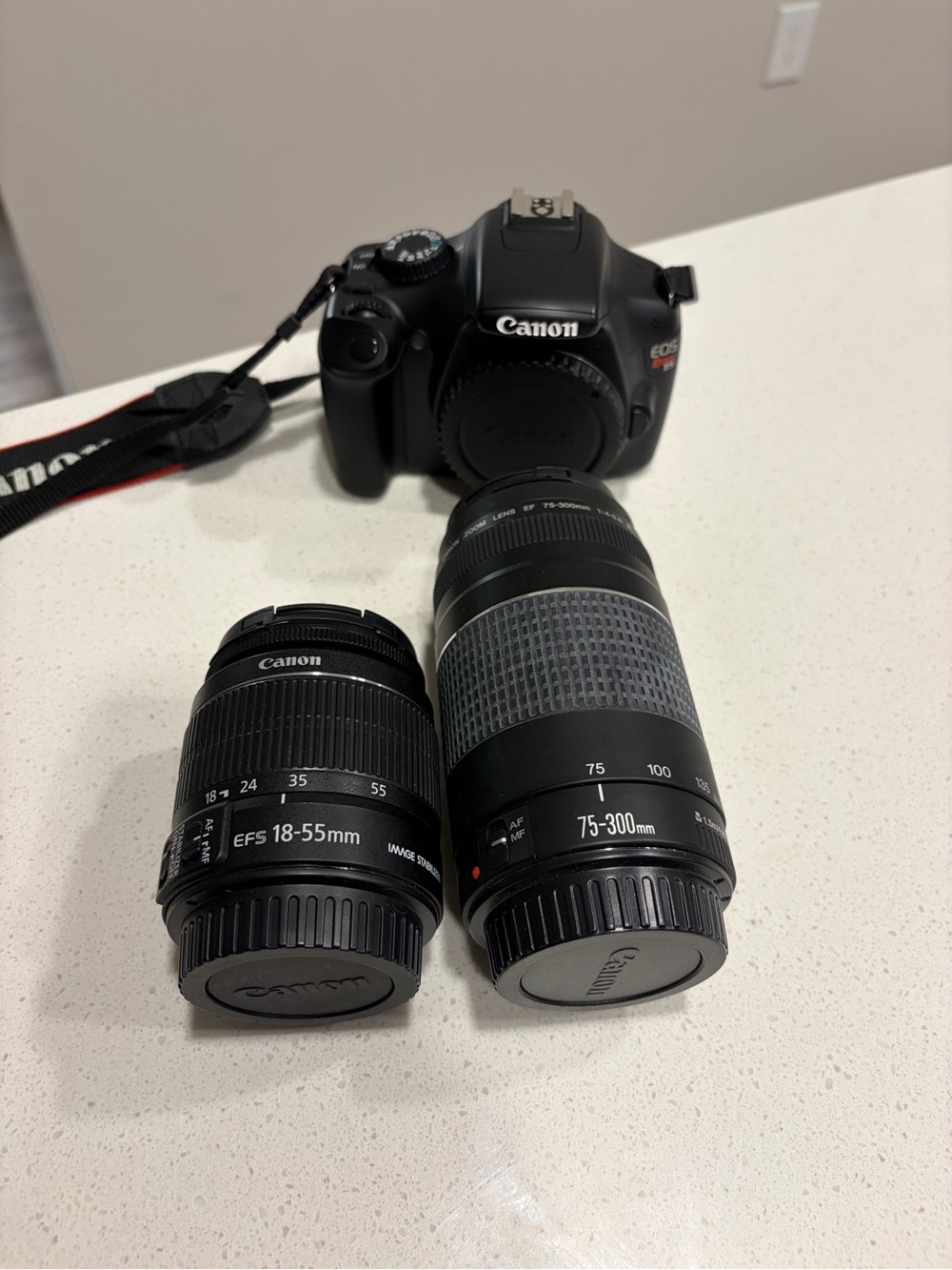 Canon Black DSLR with 18-55mm and 75-300mm Lenses